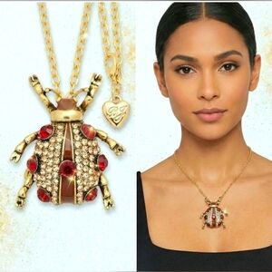 Gold plated red champagne crystal ladybug necklace/broach
